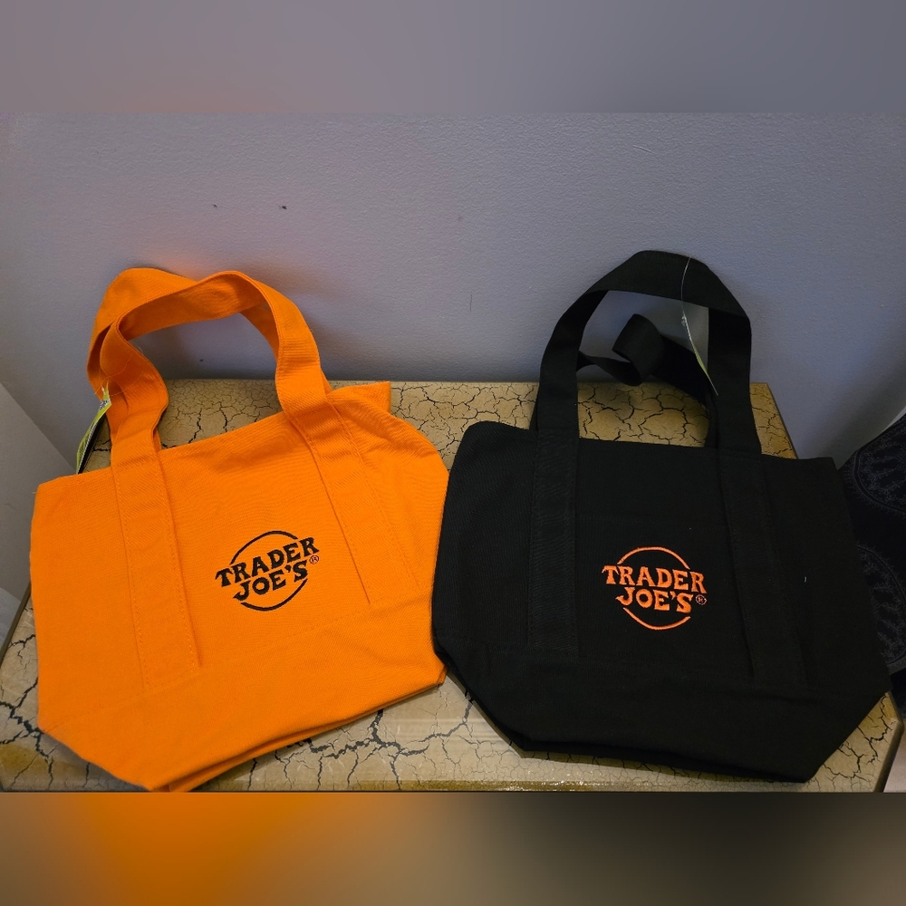 Set Of 2 Trader Joe's Small Orange and Black Canvas Tote Bags